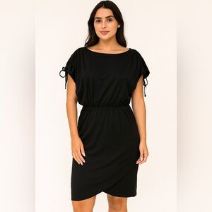 Black Ruched Sheath Midi Dress with Dolman Sleeves